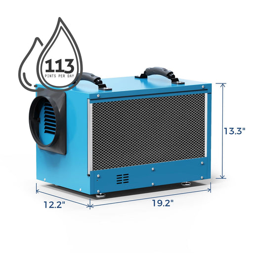 AlorAir Sentinel HD55 blue crawl space dehumidifier removing 113 pints per day, shown with dimensions