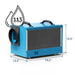 AlorAir Sentinel HD55 blue crawl space dehumidifier removing 113 pints per day, shown with dimensions
