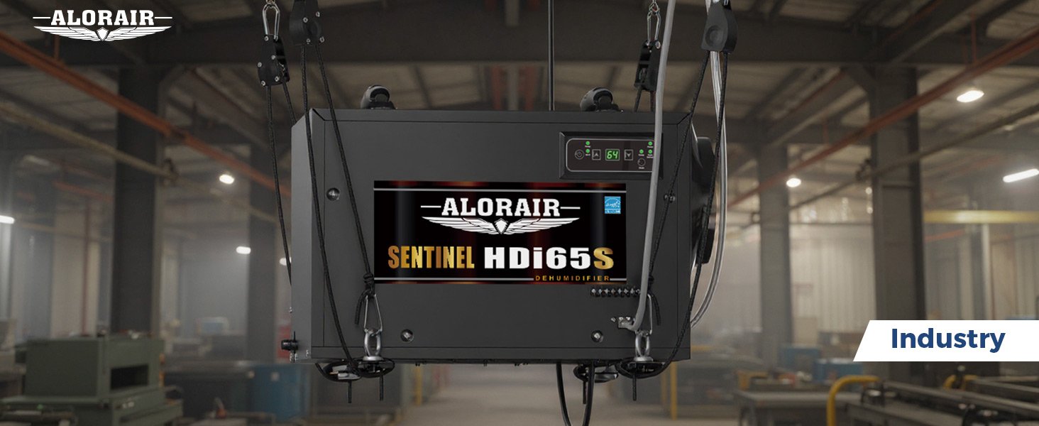AlorAir Sentinel HDi65S dehumidifier suspended and hanging in an industrial warehouse installation