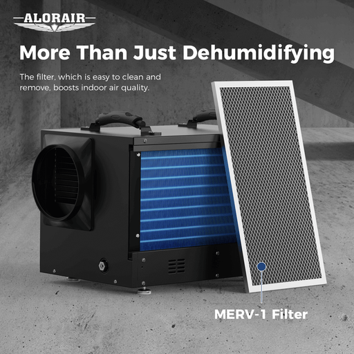 AlorAir Sentinel HDi65S dehumidifier back view with removable MERV-1 filter for improved air quality