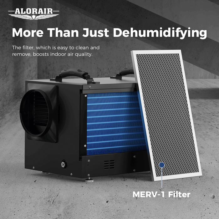 AlorAir Sentinel HDi65S dehumidifier back view with removable MERV-1 filter for improved air quality