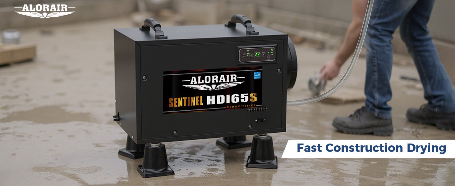 AlorAir Sentinel HDi65S dehumidifier drying a wet concrete floor during construction restoration work
