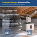 AlorAir Sentinel HS35 infographic showing crawl space humidity reduction from 95% to 45% RH, rated 35 pints/day at AHAM and 70 pints/day at saturation