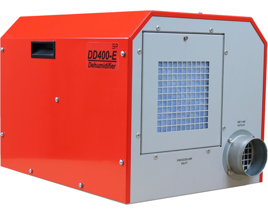 Rear angle of the EBAC DD400-E desiccant dehumidifier showing process air inlet filter panel, wet air outlet duct and red powder-coated cabinet