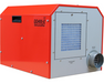 Rear angle of the EBAC DD400-E desiccant dehumidifier showing process air inlet filter panel, wet air outlet duct and red powder-coated cabinet