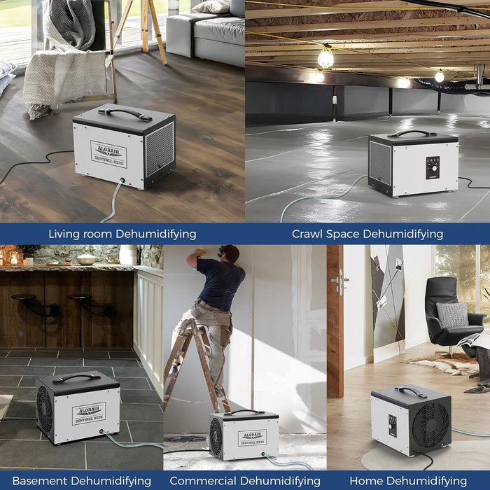 Lifestyle collage of the AlorAir Sentinel HS35 placed in a living room, crawl space, basement, home office, and commercial jobsite during a drywall installation