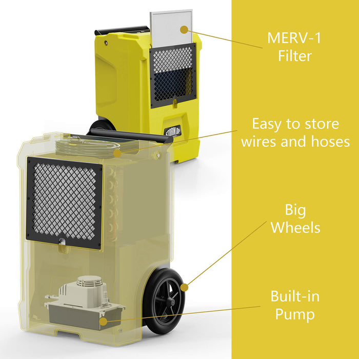 AlorAir Storm DP50 cutaway view showing MERV-1 filter, easy wire and hose storage, big wheels, and built-in condensate pump