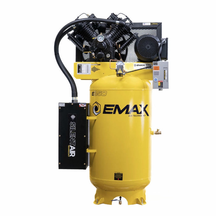 Rear view of E350S Silent Air vertical industrial air compressor with enclosed motor guard and tank assembly