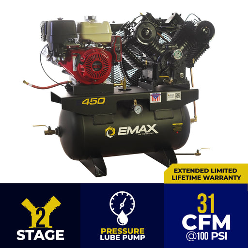 EMAX E450 G Honda GX truck mount stationary air compressor highlighting 2 stage pressure lube pump and 31 CFM at 100 PSI