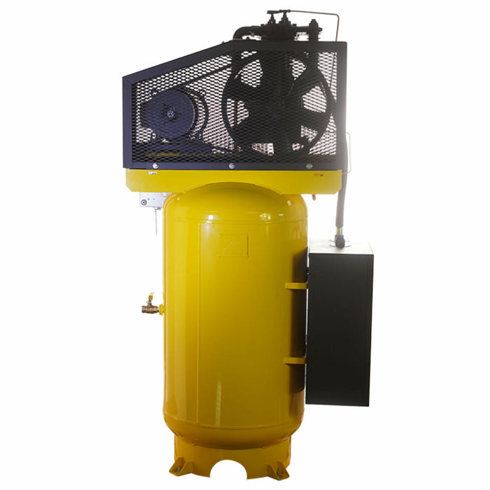 Side rear view of E450-S silent air compressor highlighting belt guard, cooling fan, and vertical storage tank