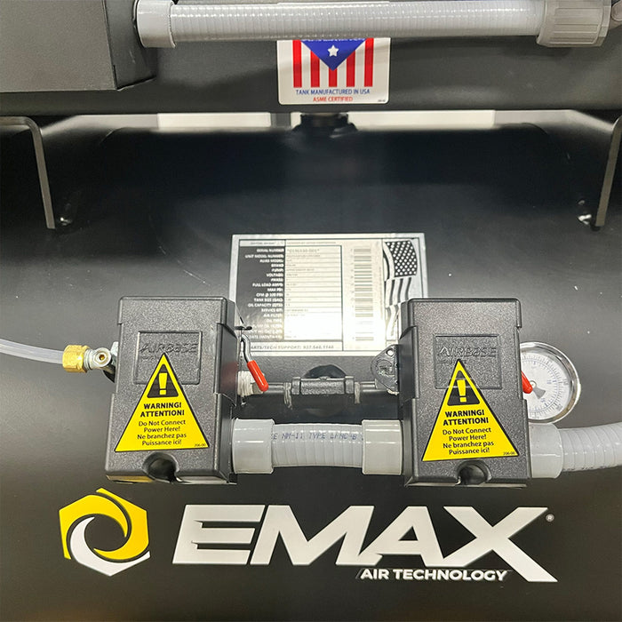 Detail view of horizontal tank and control components on EMAX E450 SD silent air duplex compressor