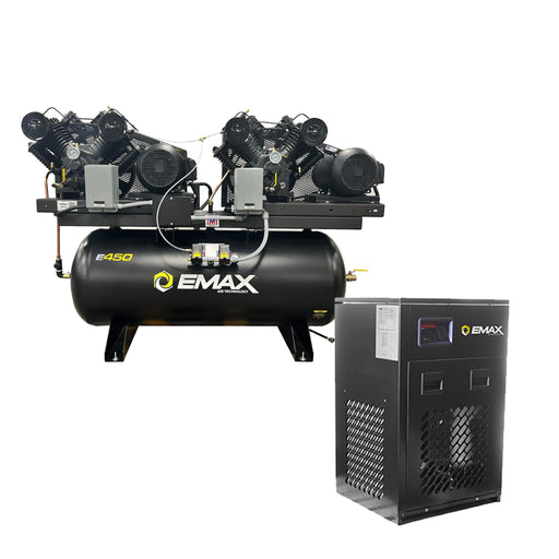 Angled view of EMAX E450 SD silent air duplex horizontal air compressor and dryer package