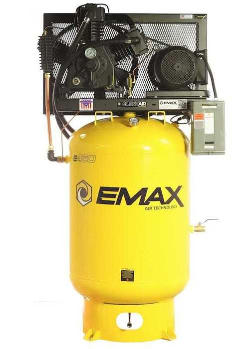 EMAX E450-S 15 HP 120-gallon industrial piston air compressor, front view