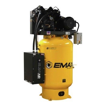 EMAX E450-S 7.5 HP 120-gallon piston air compressor, backside view showing motor and belt guard