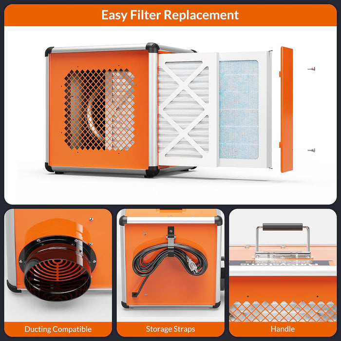 Exploded view of AlorAir negative air scrubber filter replacement, plus ducting-compatible collar, cord storage straps and steel handle