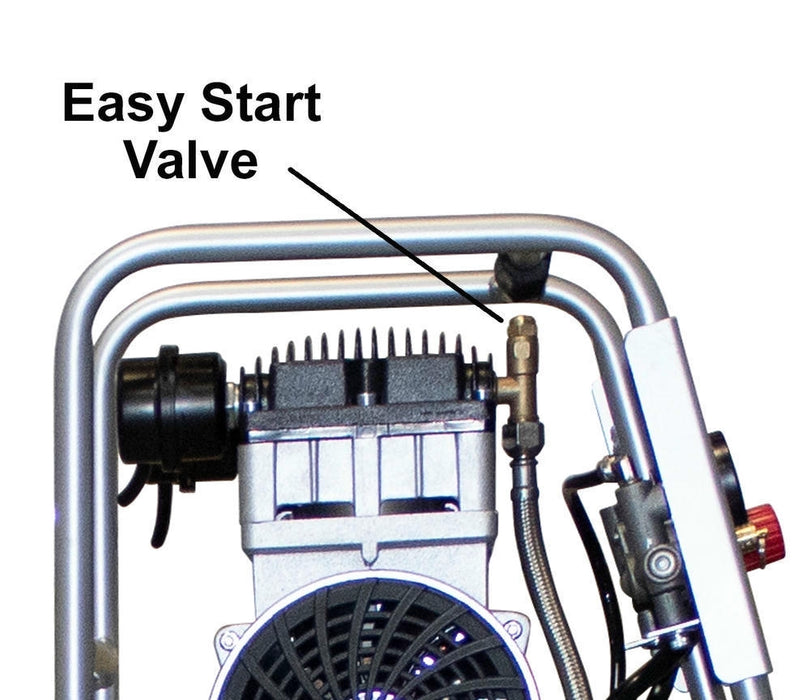 Close-up of easy start valve on oil-free dual piston motor used in California Air Tools air compressor