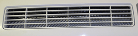 Close-up of EBac AD850E dehumidifier air outlet grille showing internal filter and airflow channel design