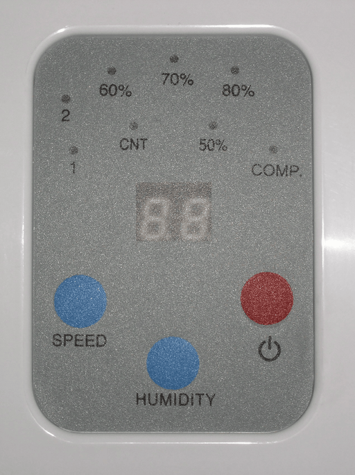 Digital control panel on EBac AD850E dehumidifier showing humidity settings, speed controls, and power button