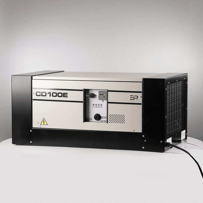 Front view of EBac CD100E heavy-duty dehumidifier showing steel housing and integrated control panel