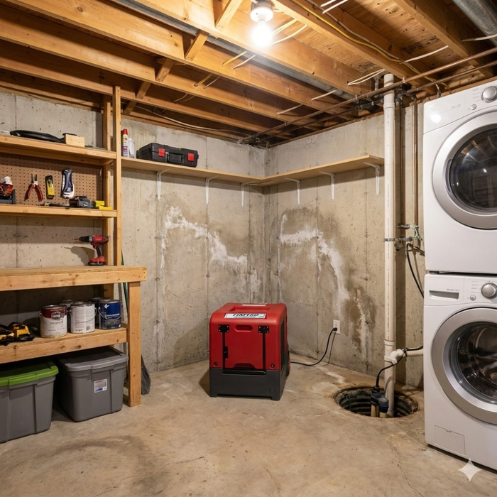 EBac HM150 industrial dehumidifier installed in a residential basement for moisture control and humidity reduction.