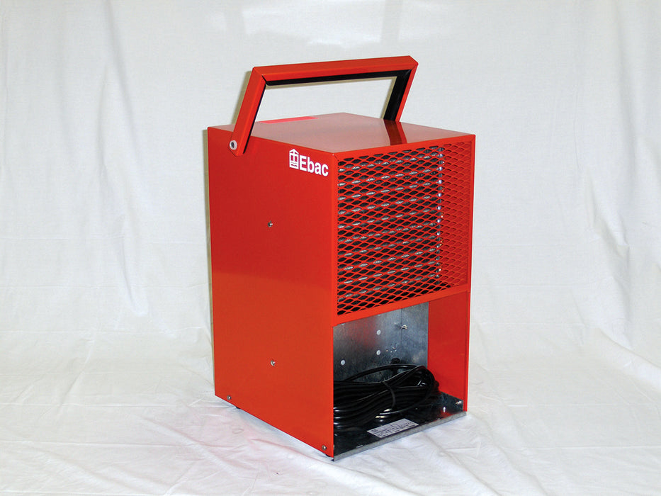 Rear view of EBac Neptune industrial dehumidifier showing metal housing, ventilation grille, and integrated power cord storage.