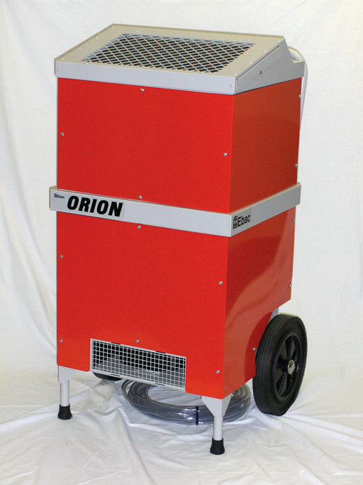 Front view of EBac Orion industrial dehumidifier with red steel cabinet, top air outlet grille, and wheeled base for commercial moisture control.