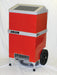 Front view of EBac Orion industrial dehumidifier with red steel cabinet, top air outlet grille, and wheeled base for commercial moisture control.