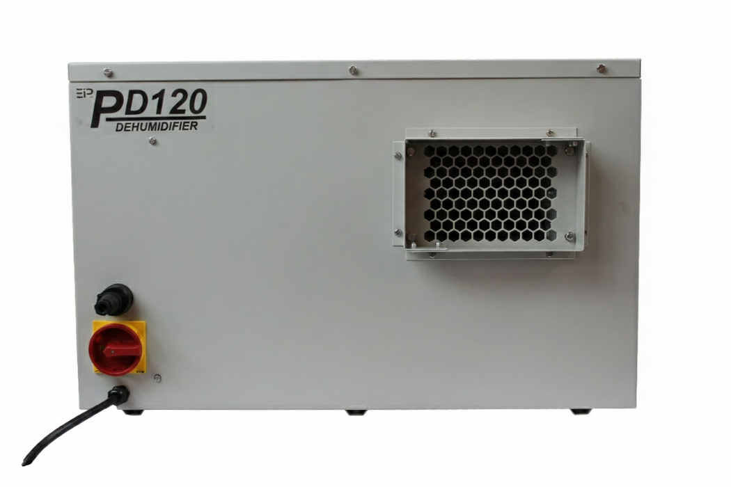 Side view of EBac PD120-D high-capacity dehumidifier showing metal housing and ventilation outlet.