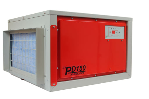 Front view of EBac PD150-D high-capacity dehumidifier with red access panel and digital control interface