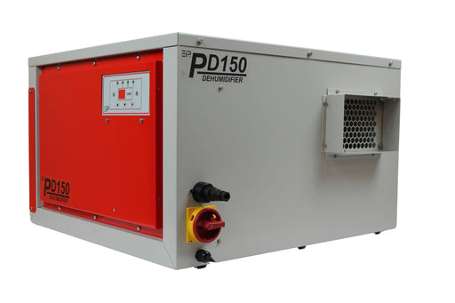 Angled side view of EBac PD150-D industrial dehumidifier showing control panel, air inlet, and outlet vent