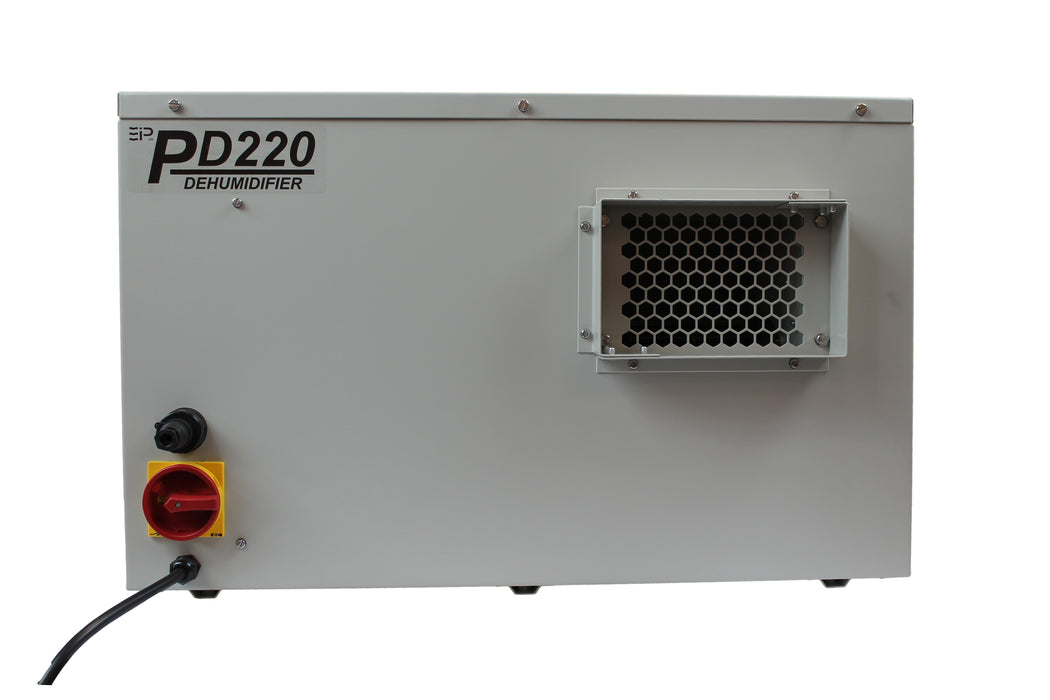Side view of EBac PD220-D dehumidifier showing air outlet vent and power disconnect switch