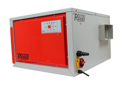 Front view of EBac PD220-D high-capacity dehumidifier showing digital control panel and red access panel