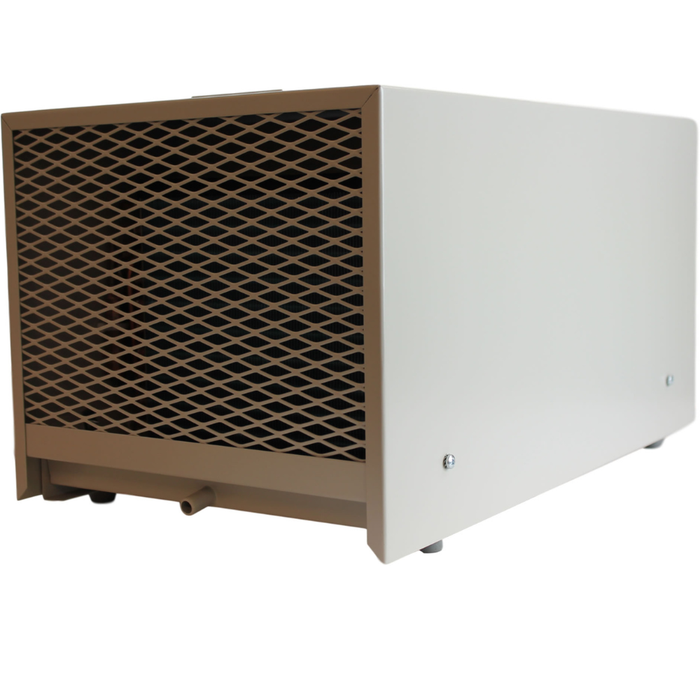 Side view of EBac RM40SH compact industrial dehumidifier showing metal housing and air intake grille