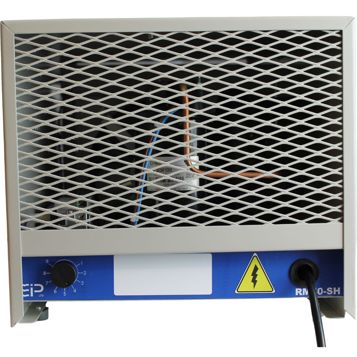 Front view of EBac RM40SH dehumidifier showing control dial, warning label, and protective grille