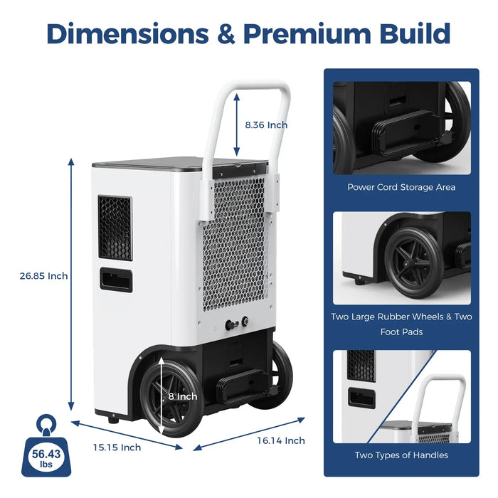 AlorAir Sentinel Elite dehumidifier dimensions and premium build diagram showing 26.85 x 15.15 x 16.14 inch housing, 56.43 lb weight, power cord storage, large wheels, and two handle types