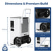 AlorAir Sentinel Elite dehumidifier dimensions and premium build diagram showing 26.85 x 15.15 x 16.14 inch housing, 56.43 lb weight, power cord storage, large wheels, and two handle types