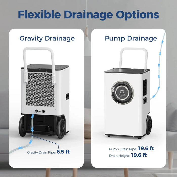 AlorAir Sentinel Elite dehumidifier flexible drainage options showing gravity drainage with 6.5 ft pipe and pump drainage with 19.6 ft pipe and drain height
