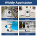 AlorAir Sentinel Elite dehumidifier shown in four applications: supermarket, museum, swimming pool, and garage