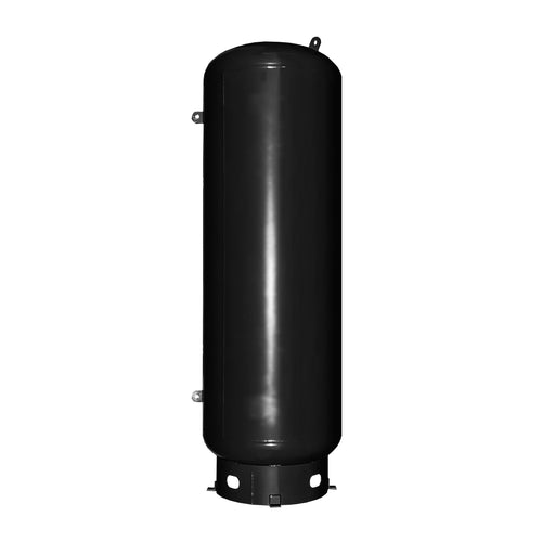 EMAX ASME vertical holding tank with auto drain in matte black finish, tall cylindrical air tank shown front view