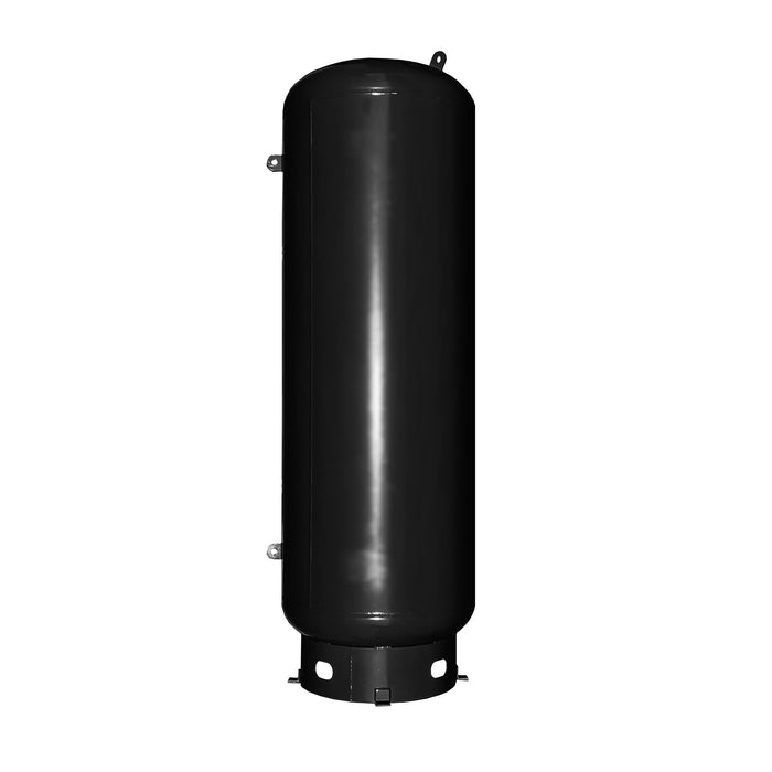 EMAX ASME vertical holding tank with auto drain in matte black finish, tall cylindrical air tank shown front view