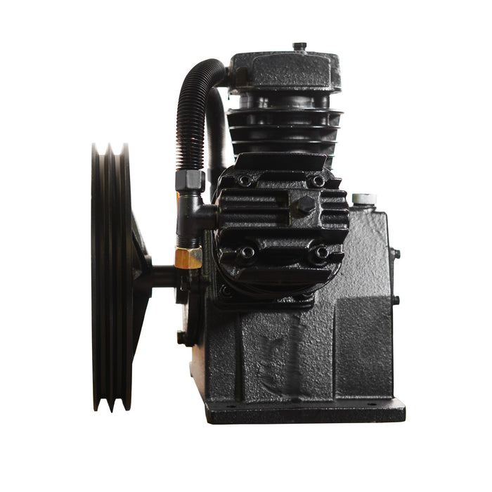 Front view of EMAX bare air compressor pump highlighting large flywheel splash lubrication system and durable reciprocating pump construction