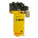 Yellow EMAX E250 series vertical industrial air compressor with splash lubricated piston pump and control panel