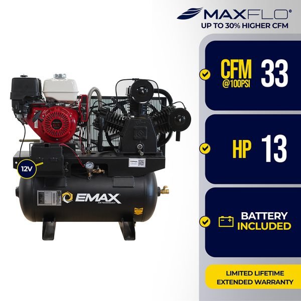 EMAX E250-G gas powered air compressor right side view showing dual-bolt belt tensioner and belt drive system