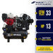 EMAX E250-G gas powered air compressor right side view showing dual-bolt belt tensioner and belt drive system