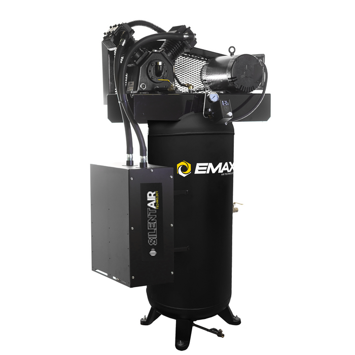 Front view of EMAX E250S series silent air splash-lubricated industrial piston air compressor with vertical tank