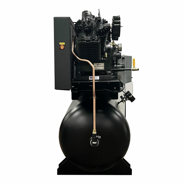 Side profile of EMAX E450-D horizontal duplex air compressor highlighting pump, motor, and oil-lubrication system