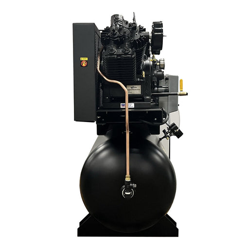 Side profile of EMAX E450-DR duplex pressure-lubricated piston air compressor showing horizontal tank and motor assembly
