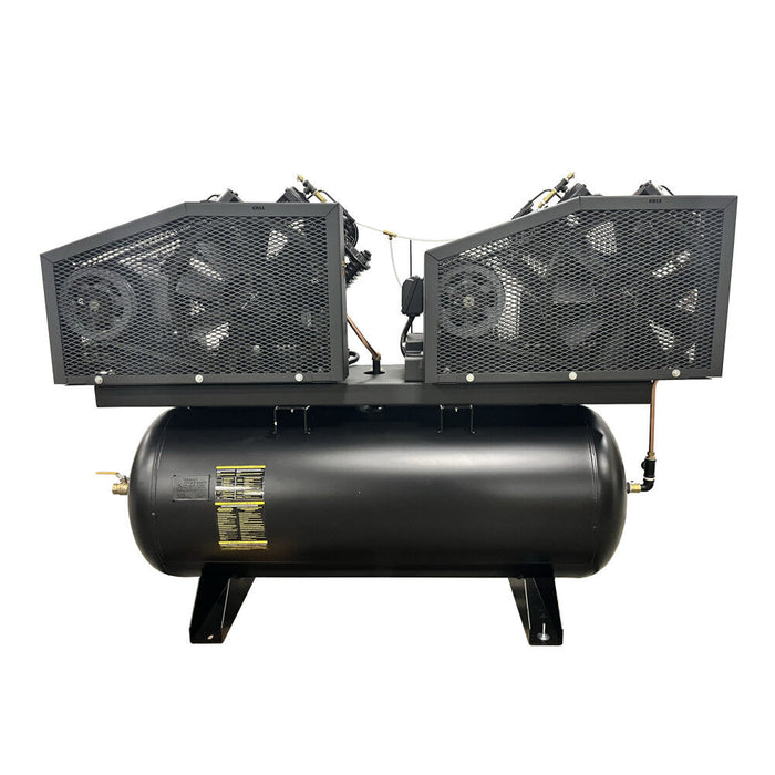 Rear view of EMAX E450-DR Series air compressor with dual radiator aftercoolers and protective metal guards