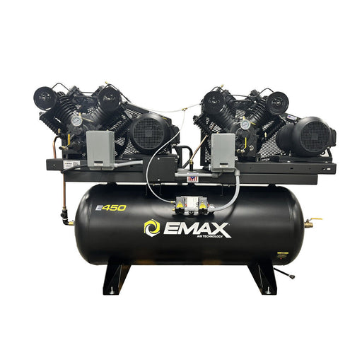 Front view of EMAX E450-DR Series alternating duplex piston air compressor with horizontal tank and radiator aftercoolers