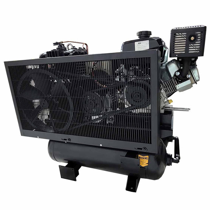 Side view of EMAX E450 G 3 in 1 truck mount air compressor welder generator with horizontal tank and engine